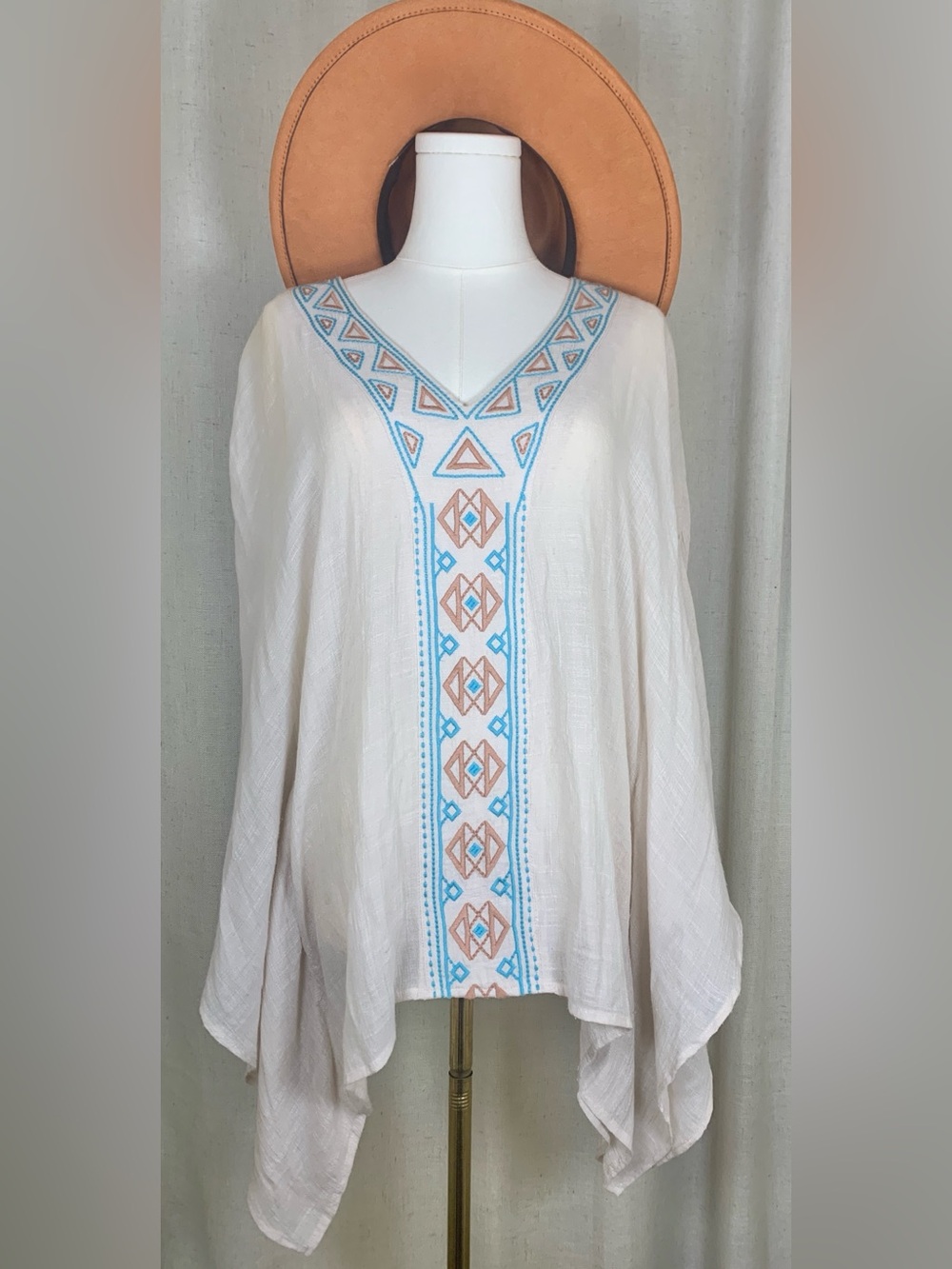 Umgee Embroidered Boho Kimono Sleeve Blouse | Ivory Gauze Tunic Top | Medium